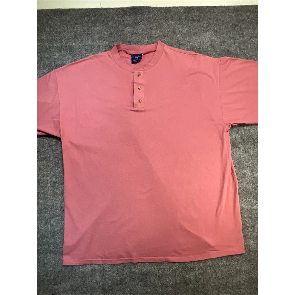Vintage 90s B.U.M. Equipment Henley Shirt XL Pink Short Sleeve Single Stitch USA